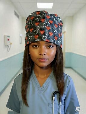 Heart & Stethoscope Print Scrub Cap - Black and Red